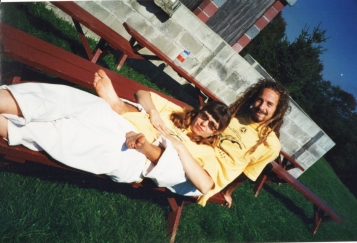 Relaxing with my friend Eric who I met at Yoga Teacher's Training - we are wearing the standard YTT uniform